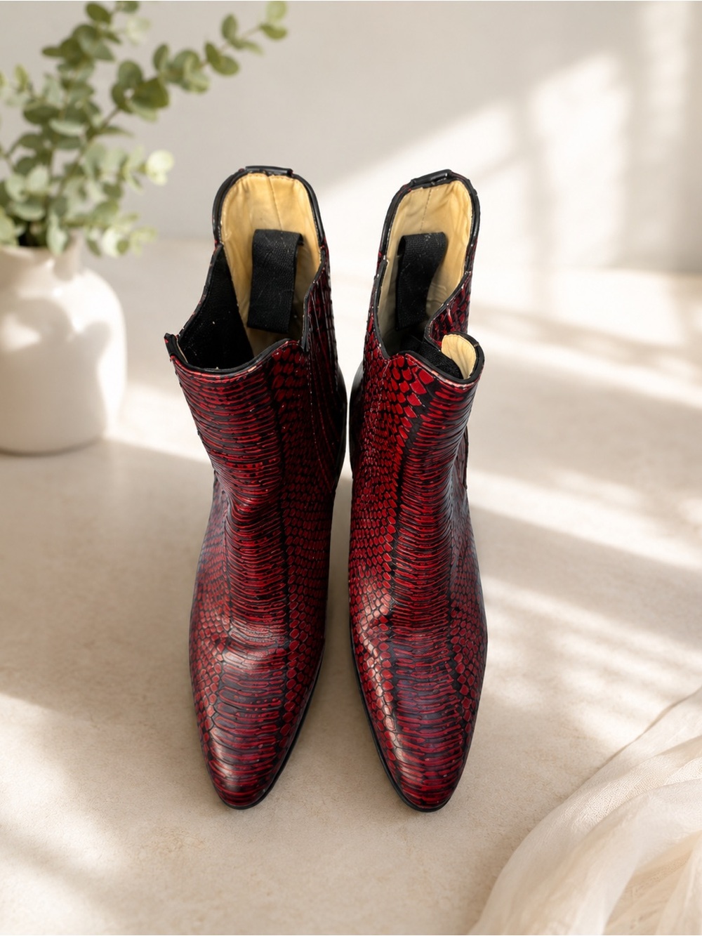 EUC The Office of Angela Scott red snakeskin ankle boots sz 38